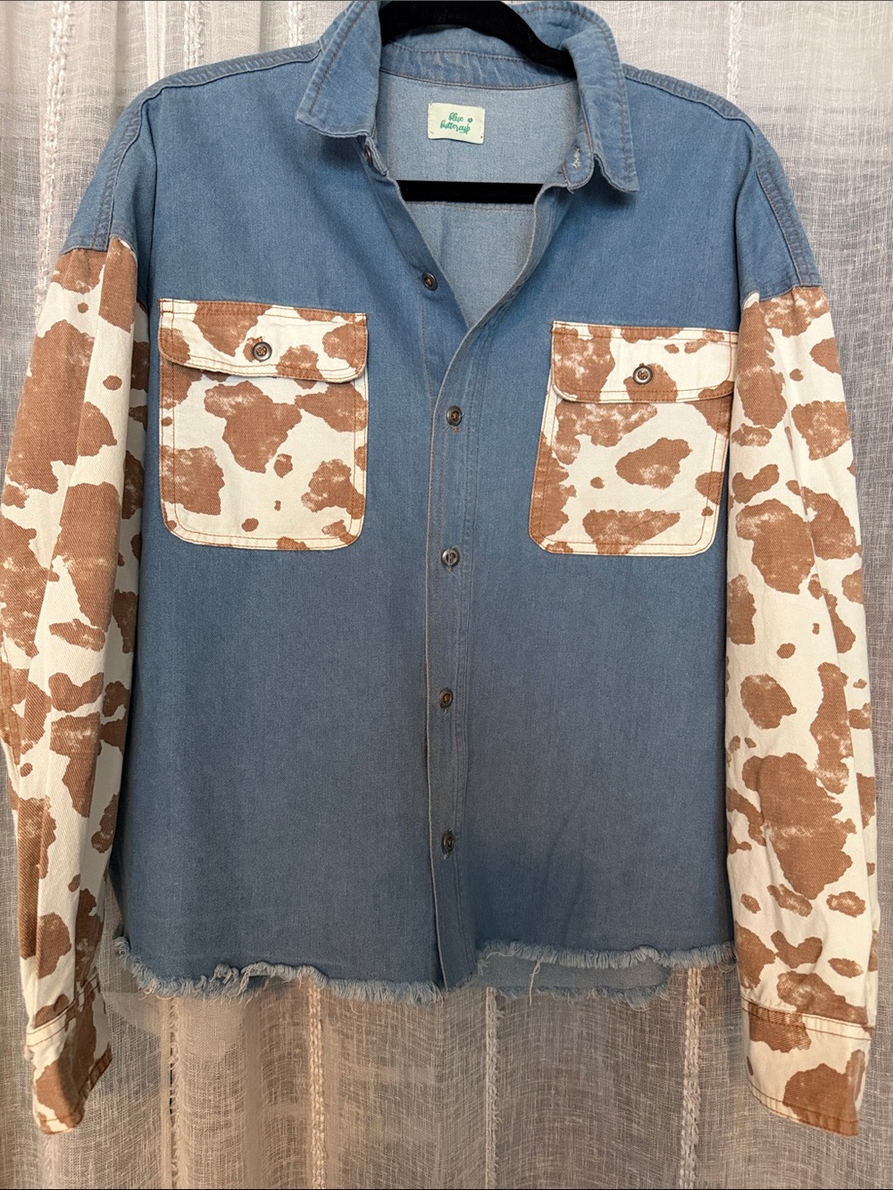 Blue Buttercup lightweight Denim Button-Up Shirt with Brown Cow Print Sleeves Sm